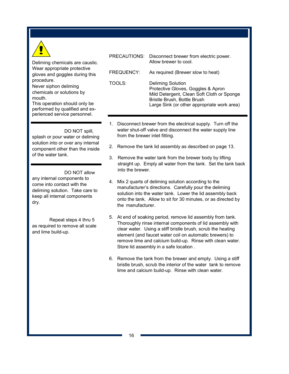 Procedure: delime the water tank, Caution - chemical burn hazard | Bloomfield 8541 User Manual | Page 18 / 28