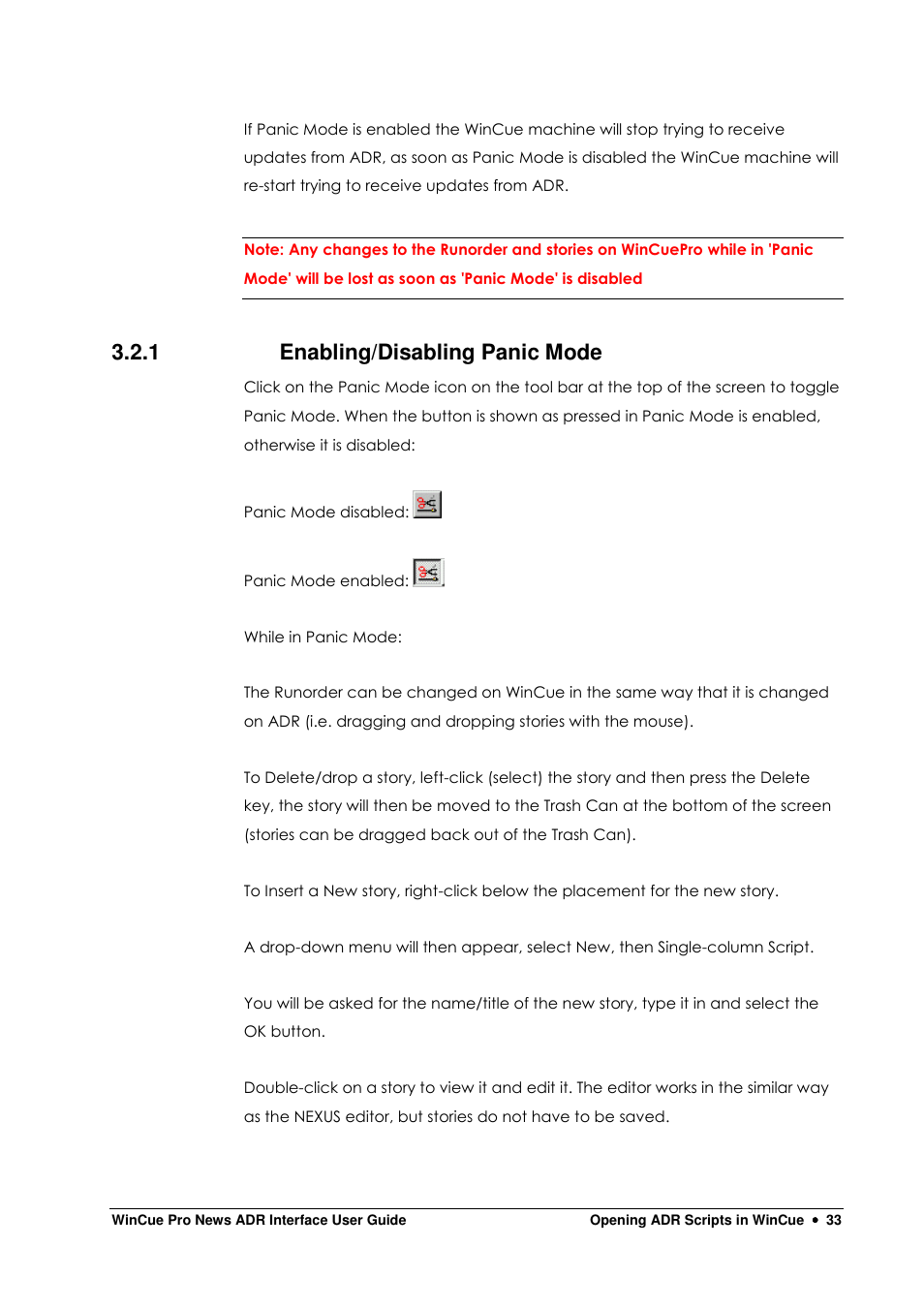 1 enabling/disabling panic mode | Autocue WinCue Pro News ADR 2006 User Manual | Page 33 / 35