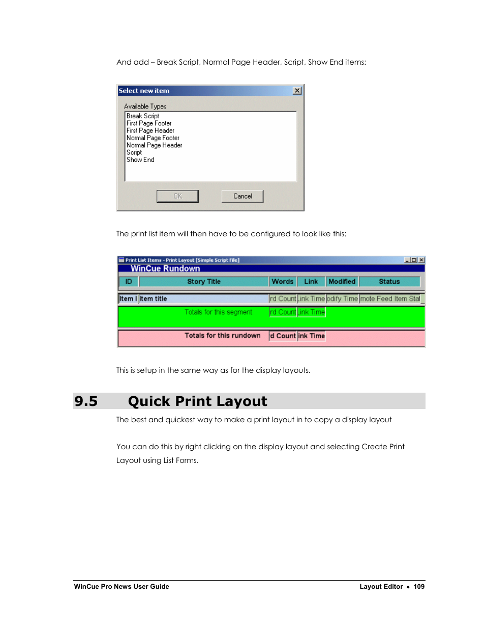 5 quick print layout | Autocue WinCue Pro News Version 1.3 User Manual | Page 109 / 168