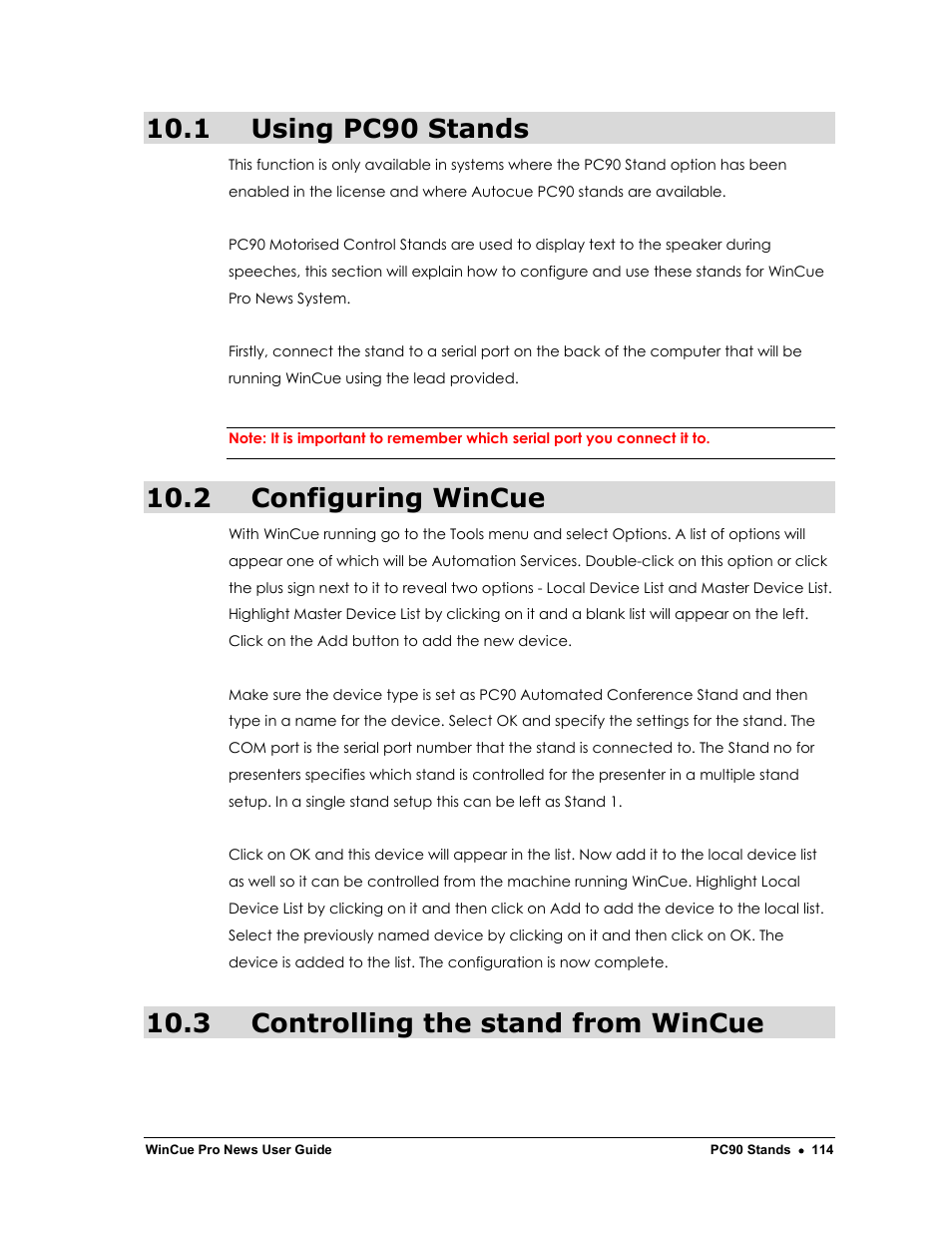 1 using pc90 stands, 2 configuring wincue, 3 controlling the stand from wincue | Autocue WinCue Pro News Version 1.3 User Manual | Page 114 / 168