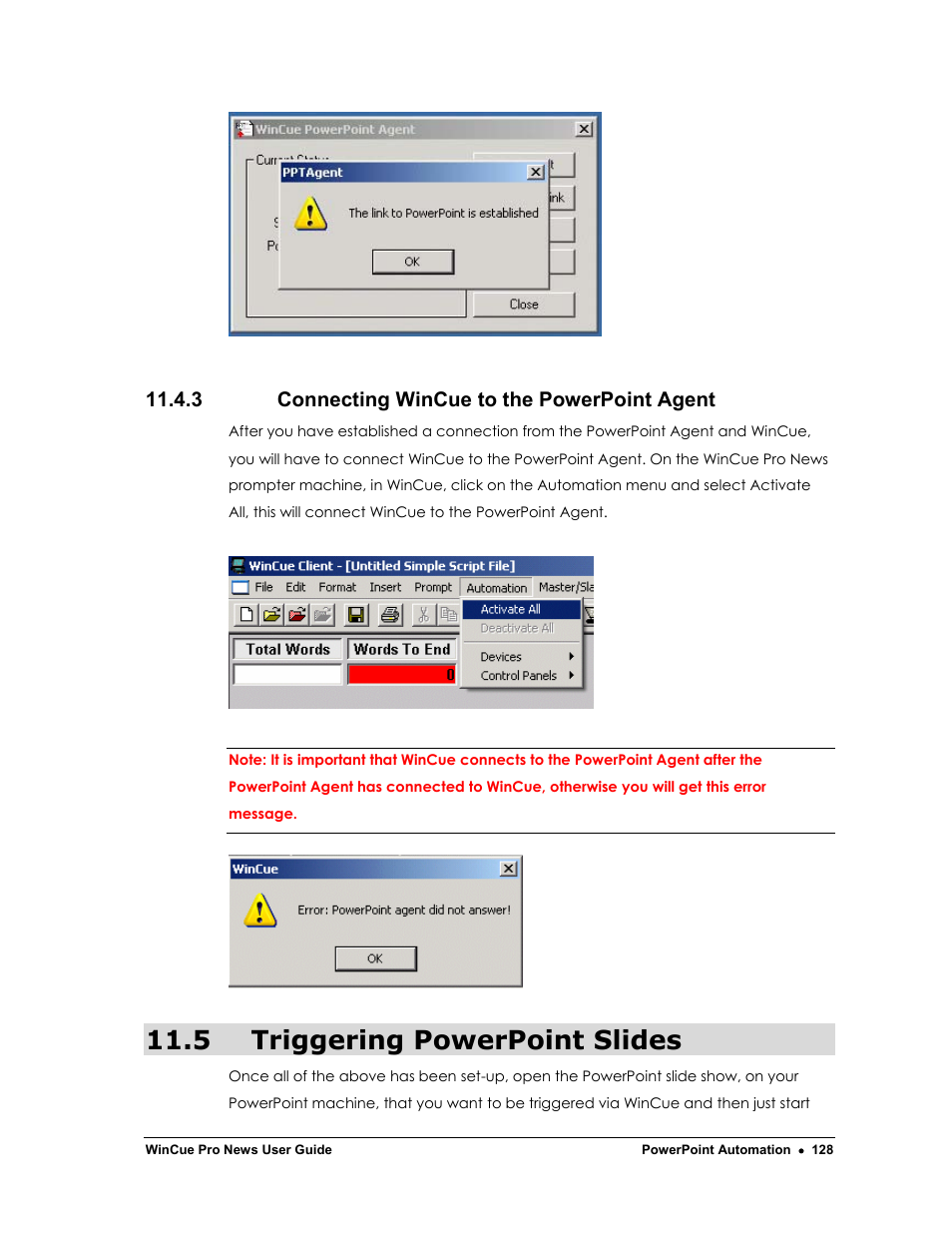 5 triggering powerpoint slides, 3 connecting wincue to the powerpoint agent | Autocue WinCue Pro News Version 1.3 User Manual | Page 128 / 168
