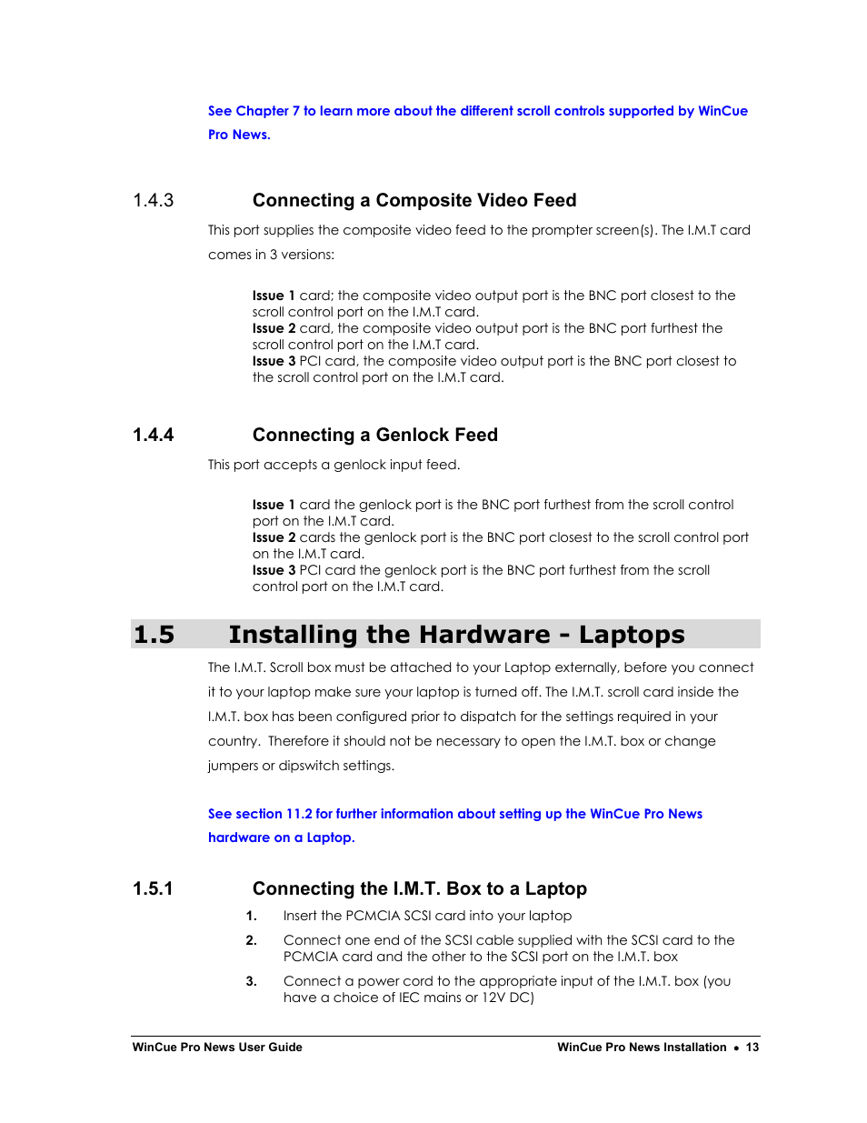 5 installing the hardware - laptops, 3 connecting a composite video feed, 4 connecting a genlock feed | 1 connecting the i.m.t. box to a laptop | Autocue WinCue Pro News Version 1.3 User Manual | Page 13 / 168