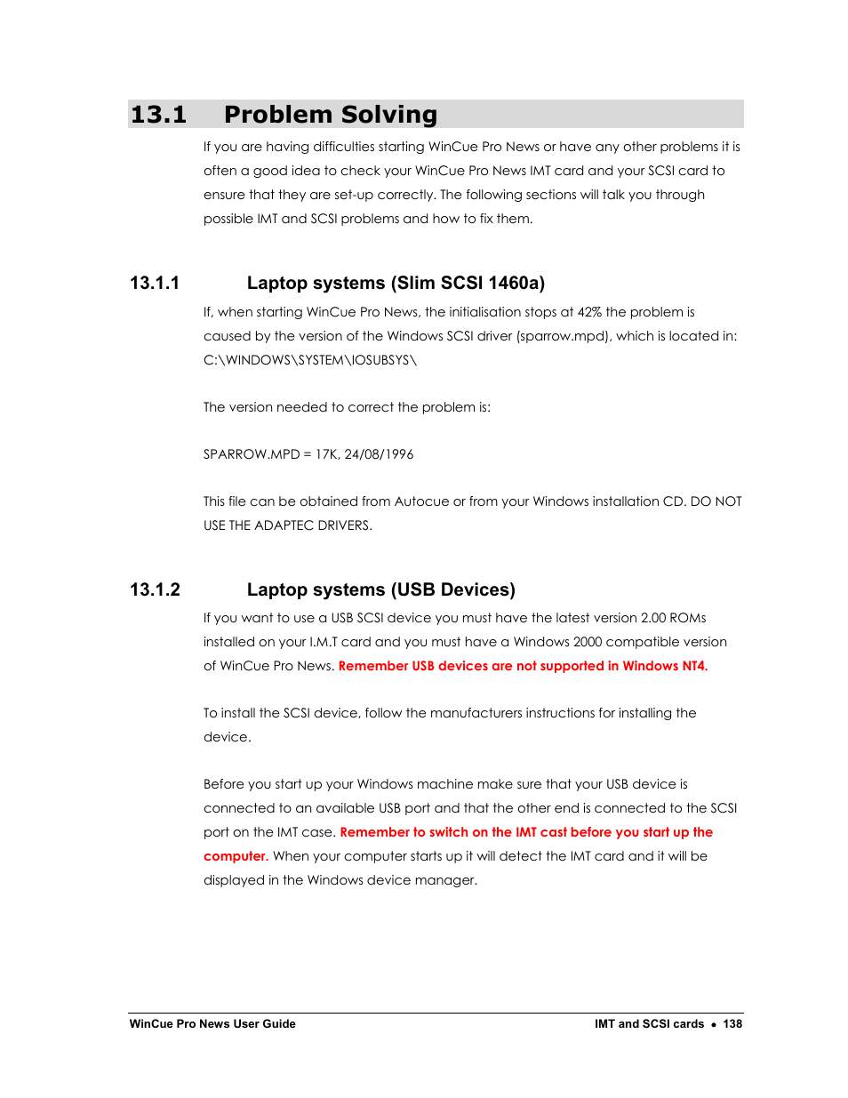 1 problem solving, 2 laptop systems (usb devices) | Autocue WinCue Pro News Version 1.3 User Manual | Page 138 / 168