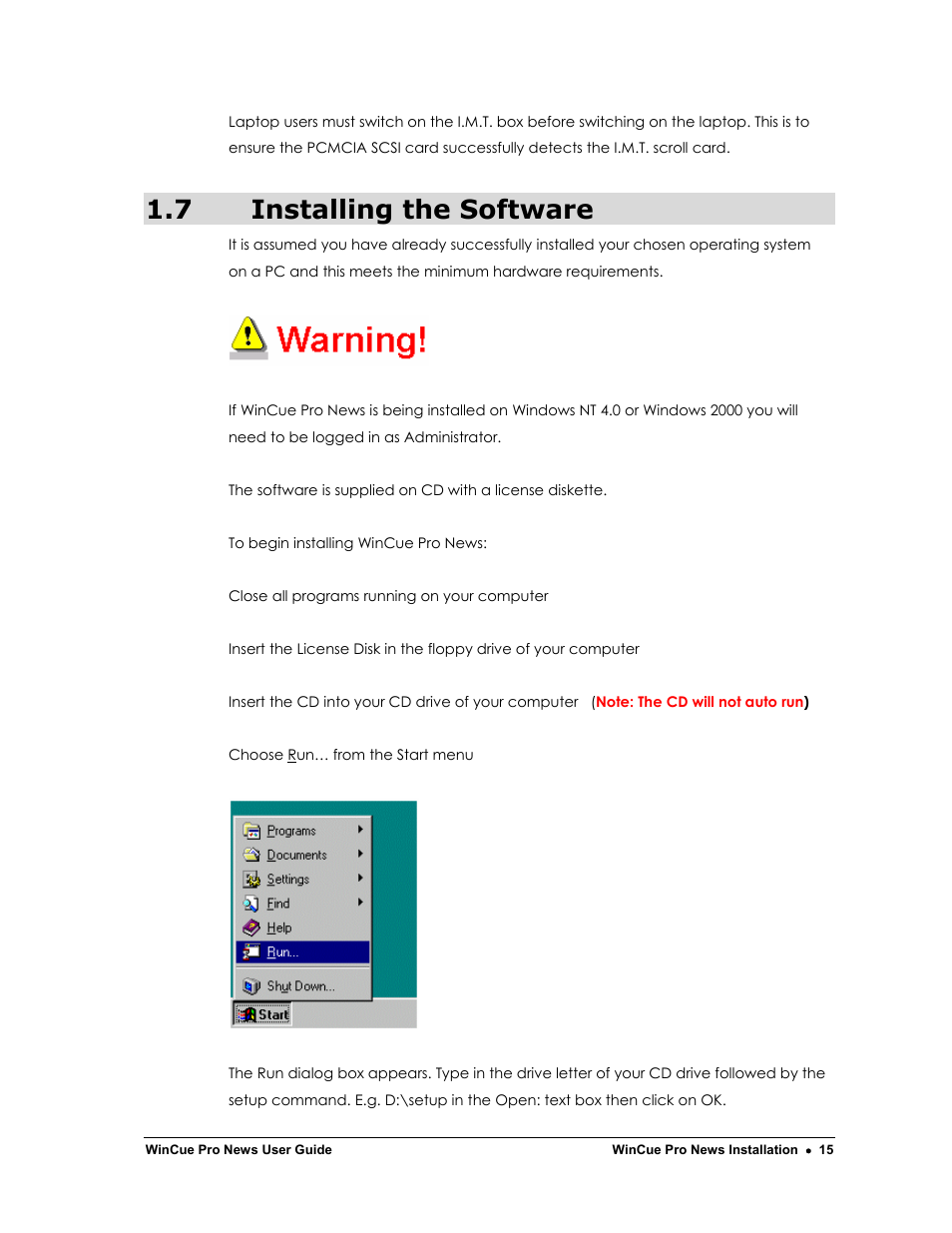 7 installing the software | Autocue WinCue Pro News Version 1.3 User Manual | Page 15 / 168