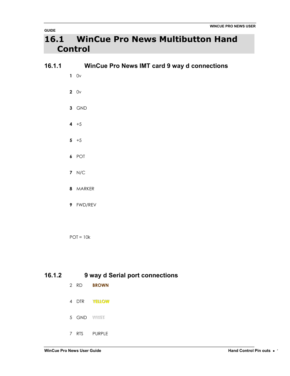 1 wincue pro news multibutton hand control, 1 wincue pro news imt card 9 way d connections, 2 9 way d serial port connections | Autocue WinCue Pro News Version 1.3 User Manual | Page 159 / 168
