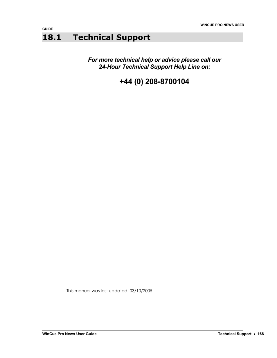 1 technical support | Autocue WinCue Pro News Version 1.3 User Manual | Page 168 / 168