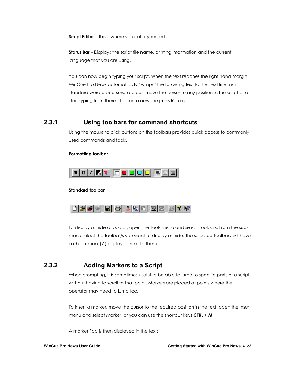 1 using toolbars for command shortcuts, 2 adding markers to a script | Autocue WinCue Pro News Version 1.3 User Manual | Page 22 / 168