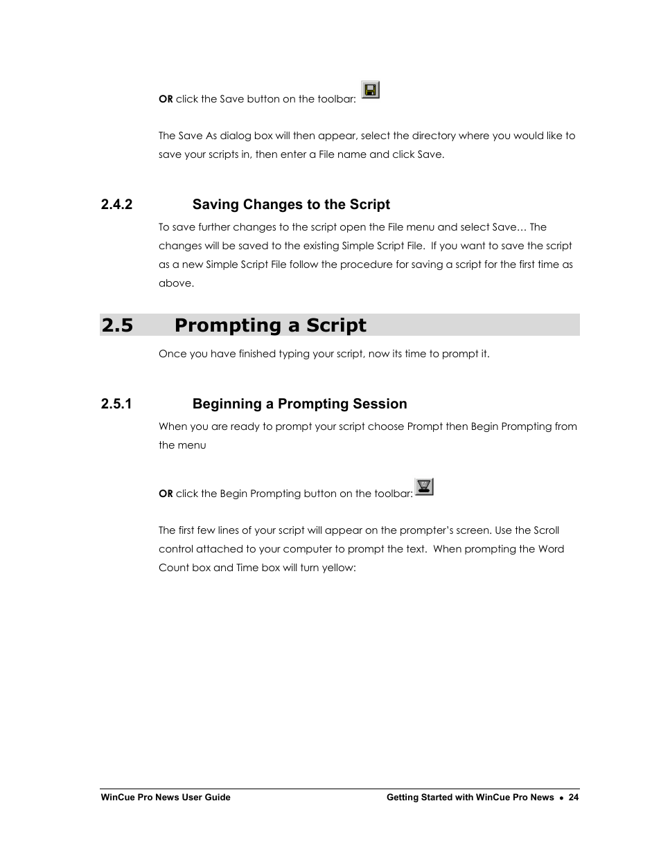 5 prompting a script, 2 saving changes to the script, 1 beginning a prompting session | Autocue WinCue Pro News Version 1.3 User Manual | Page 24 / 168