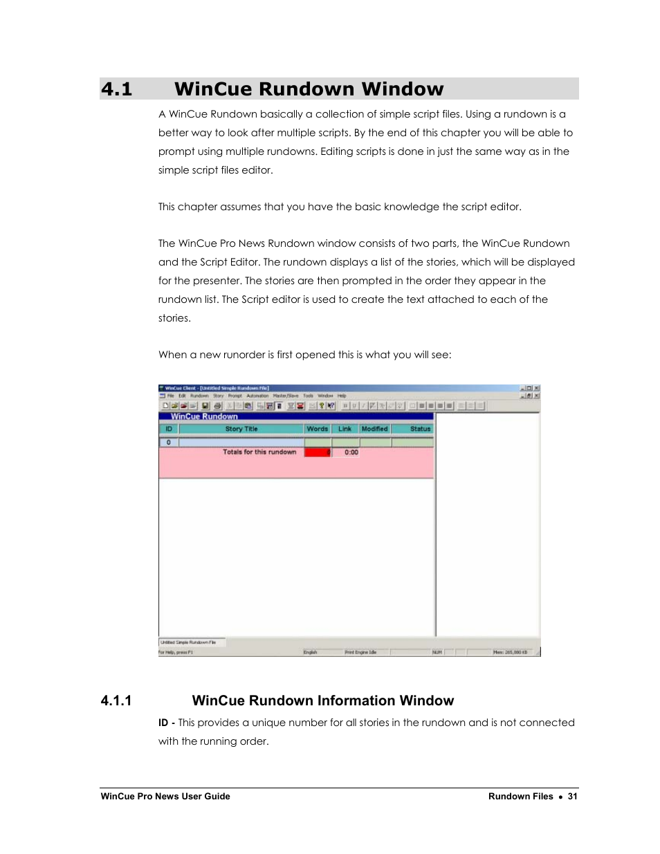 1 wincue rundown window, 1 wincue rundown information window | Autocue WinCue Pro News Version 1.3 User Manual | Page 31 / 168