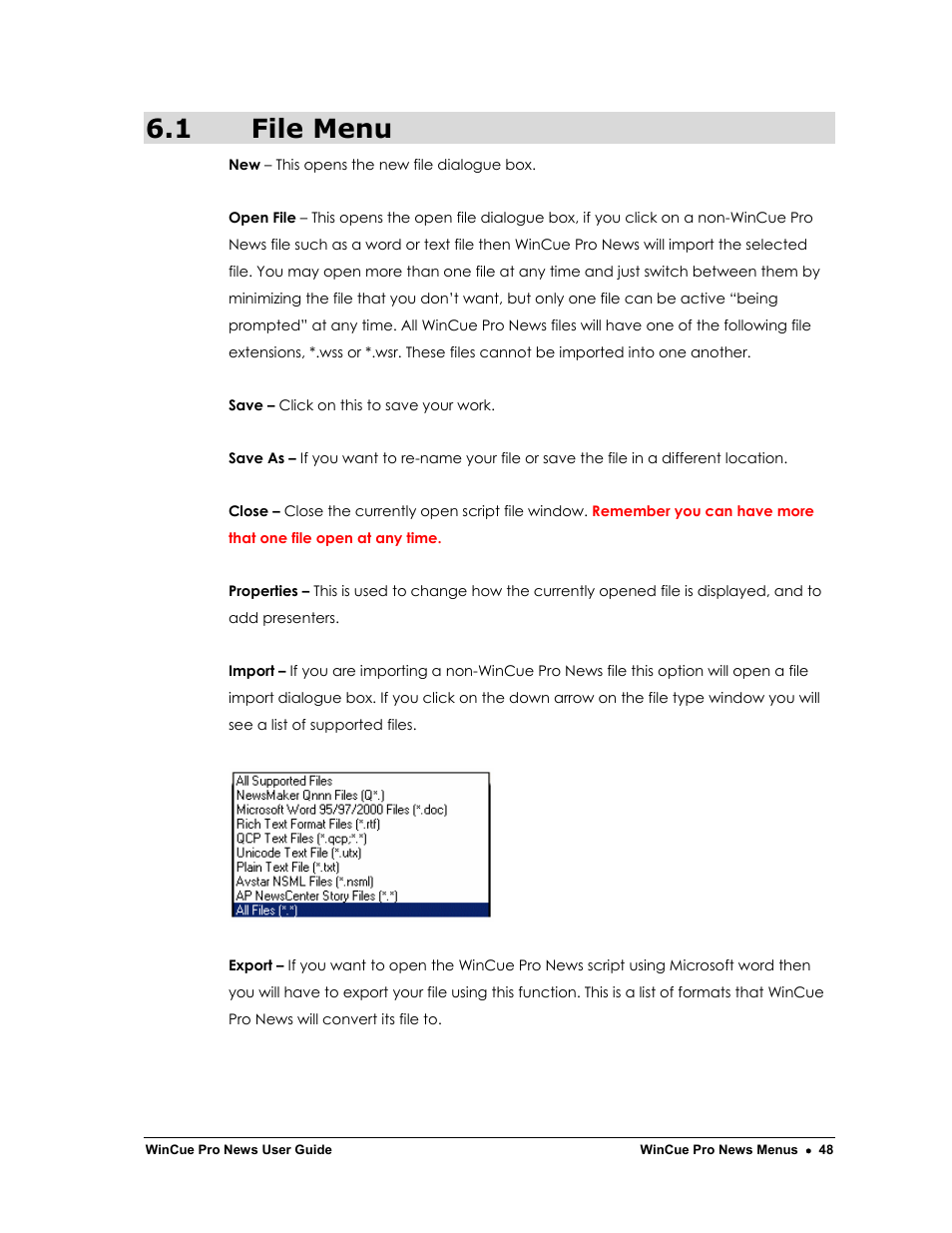 1 file menu | Autocue WinCue Pro News Version 1.3 User Manual | Page 48 / 168