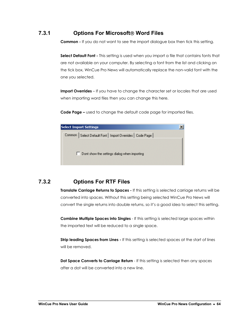 1 options for microsoft  word files, 2 options for rtf files | Autocue WinCue Pro News Version 1.3 User Manual | Page 64 / 168