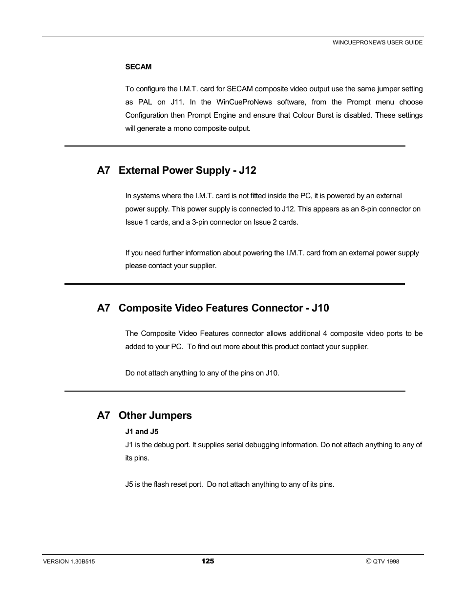 A7 external power supply - j12, A7 composite video features connector - j10, A7 other jumpers | Autocue WinCue Pro News User Manual | Page 125 / 135