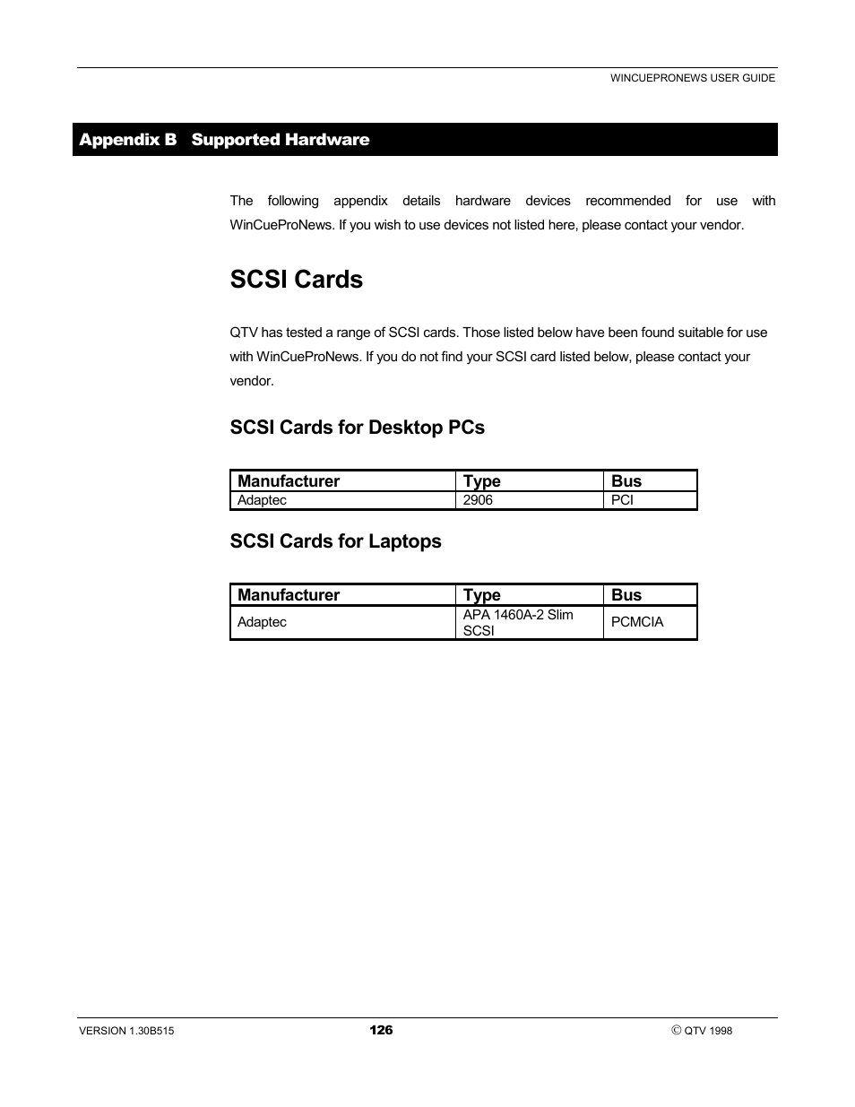 Scsi cards, Scsi cards for desktop pcs, Scsi cards for laptops | Autocue WinCue Pro News User Manual | Page 126 / 135