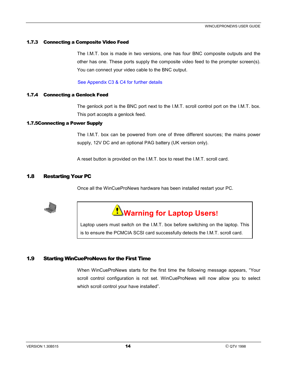 Warning for laptop users | Autocue WinCue Pro News User Manual | Page 14 / 135