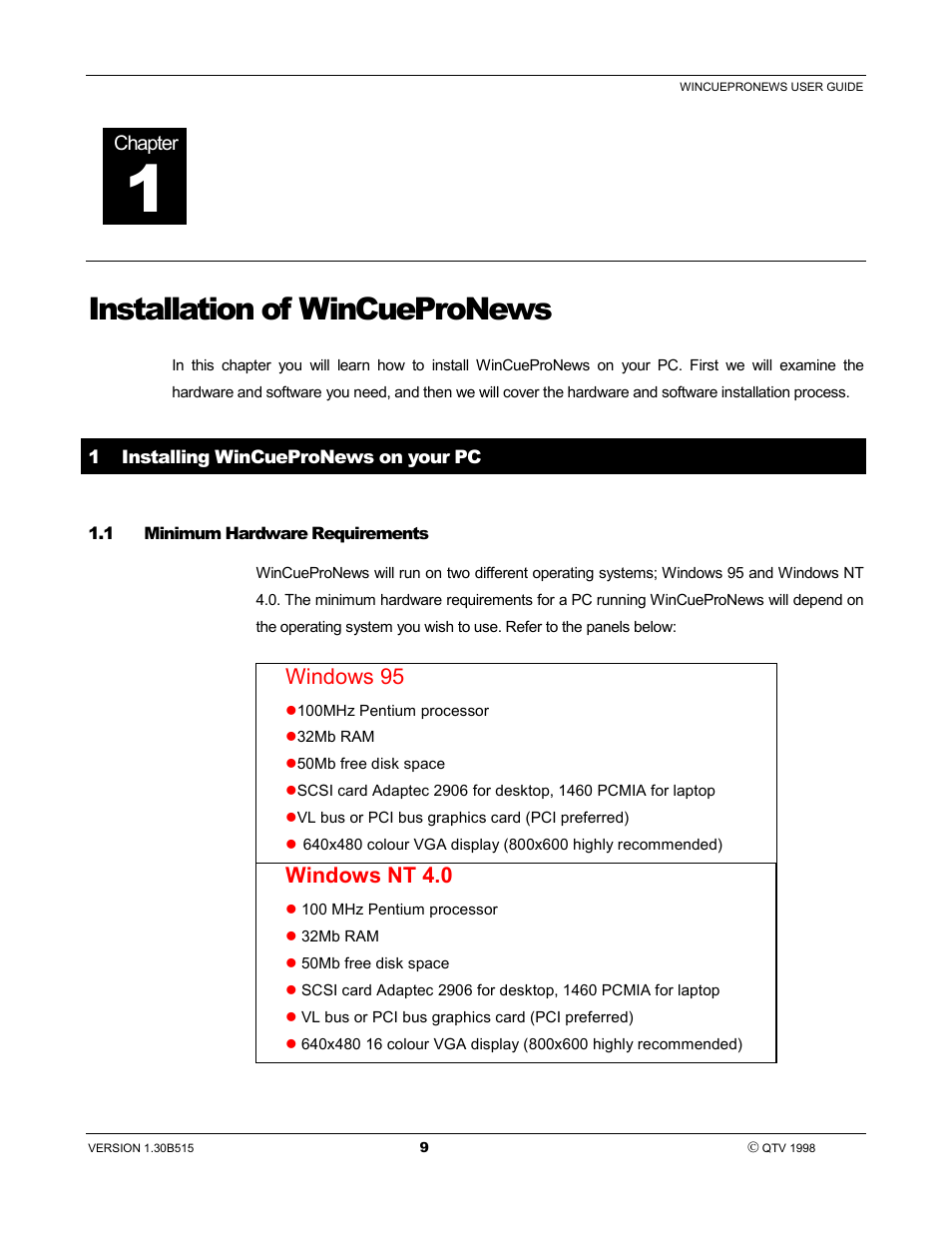 Installation of wincuepronews, Windows 95, Windows nt 4.0 | Autocue WinCue Pro News User Manual | Page 9 / 135