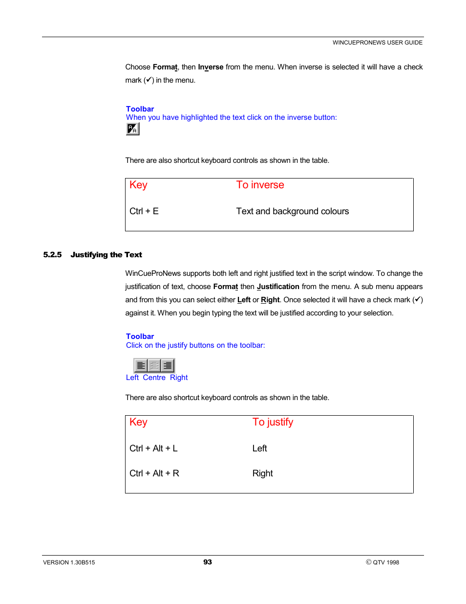 Key to inverse, Key to justify | Autocue WinCue Pro News User Manual | Page 93 / 135