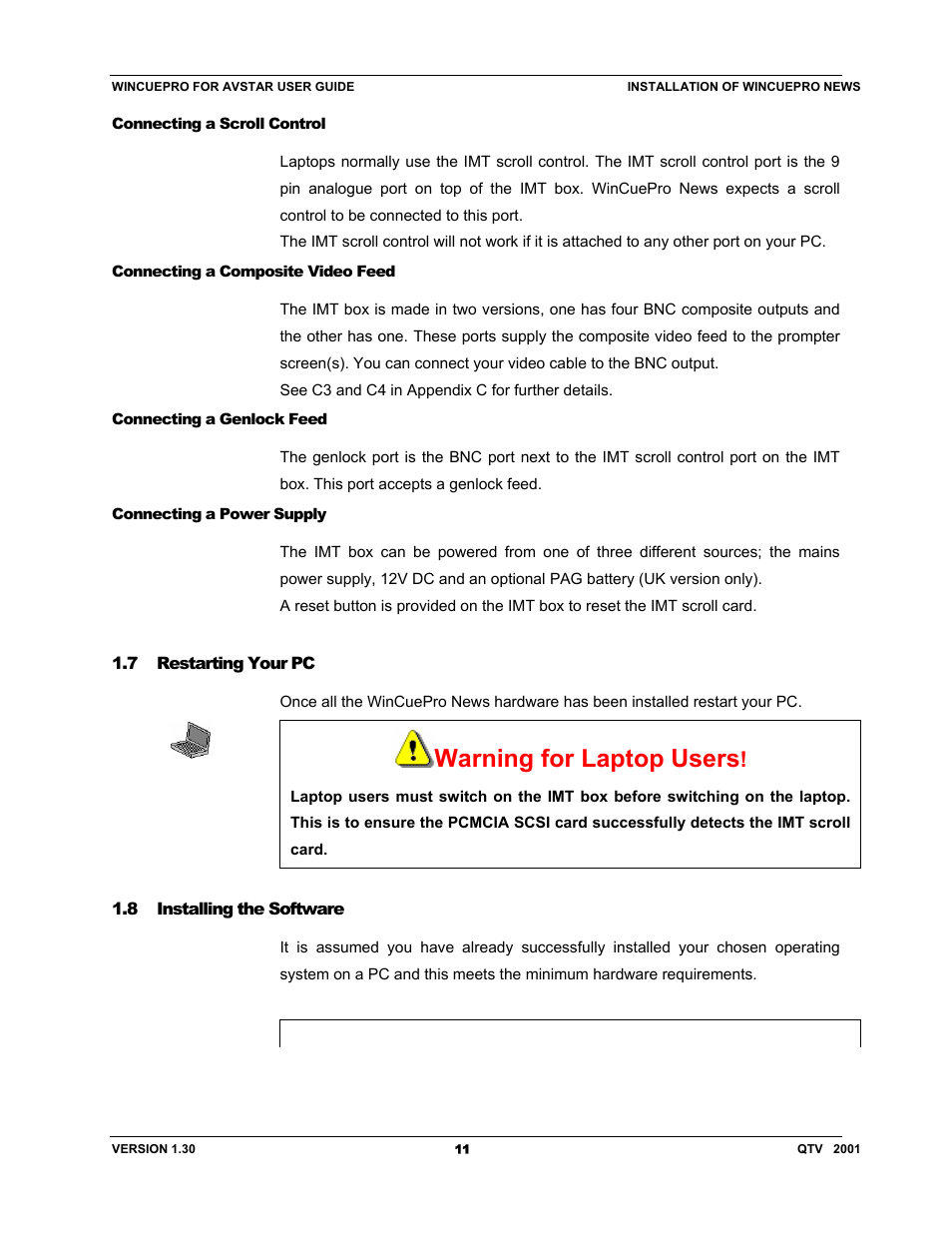 Warning for laptop users | Autocue US 10-11-01 WinCuePro News AvStar Interface User Manual | Page 11 / 121
