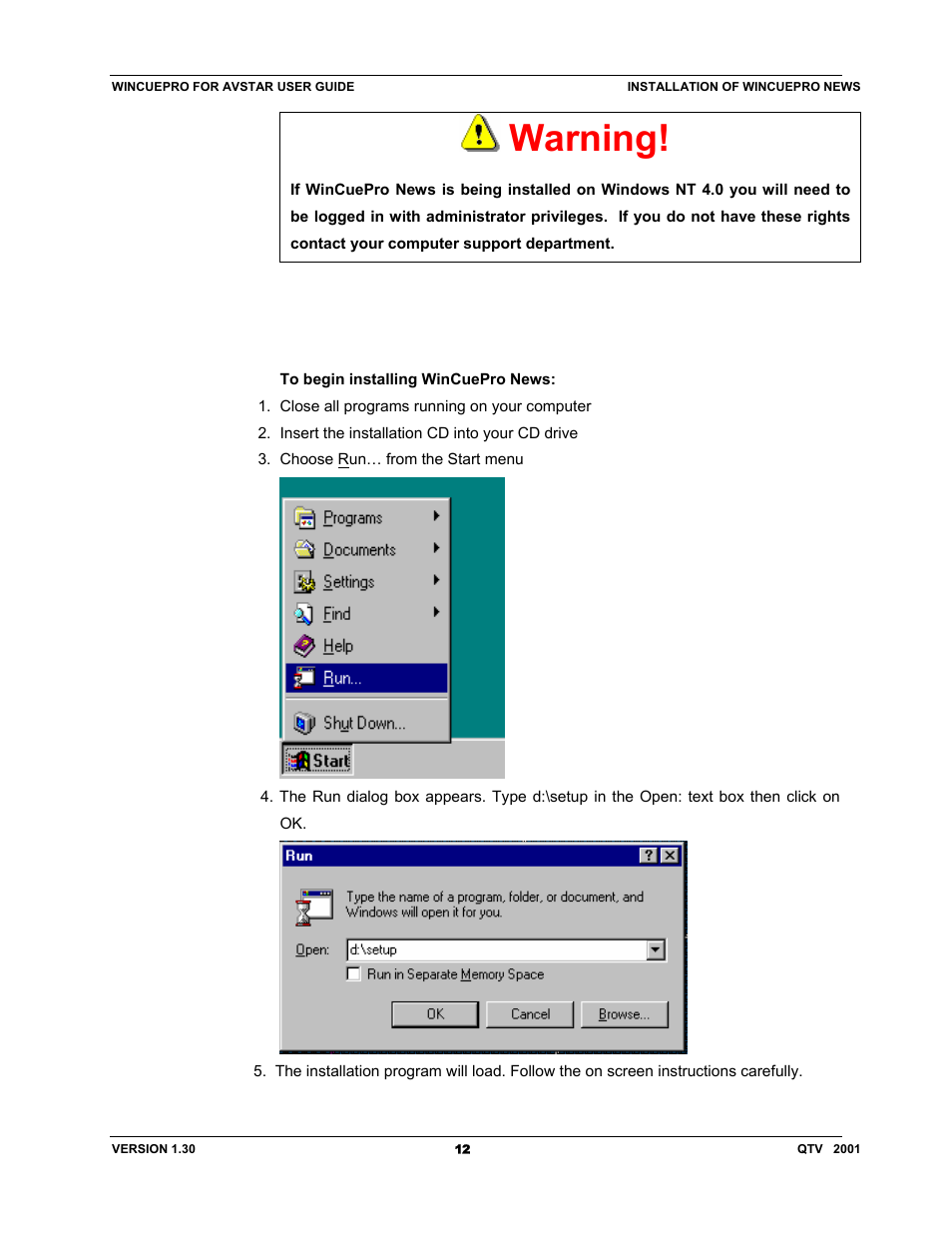Warning | Autocue US 10-11-01 WinCuePro News AvStar Interface User Manual | Page 12 / 121