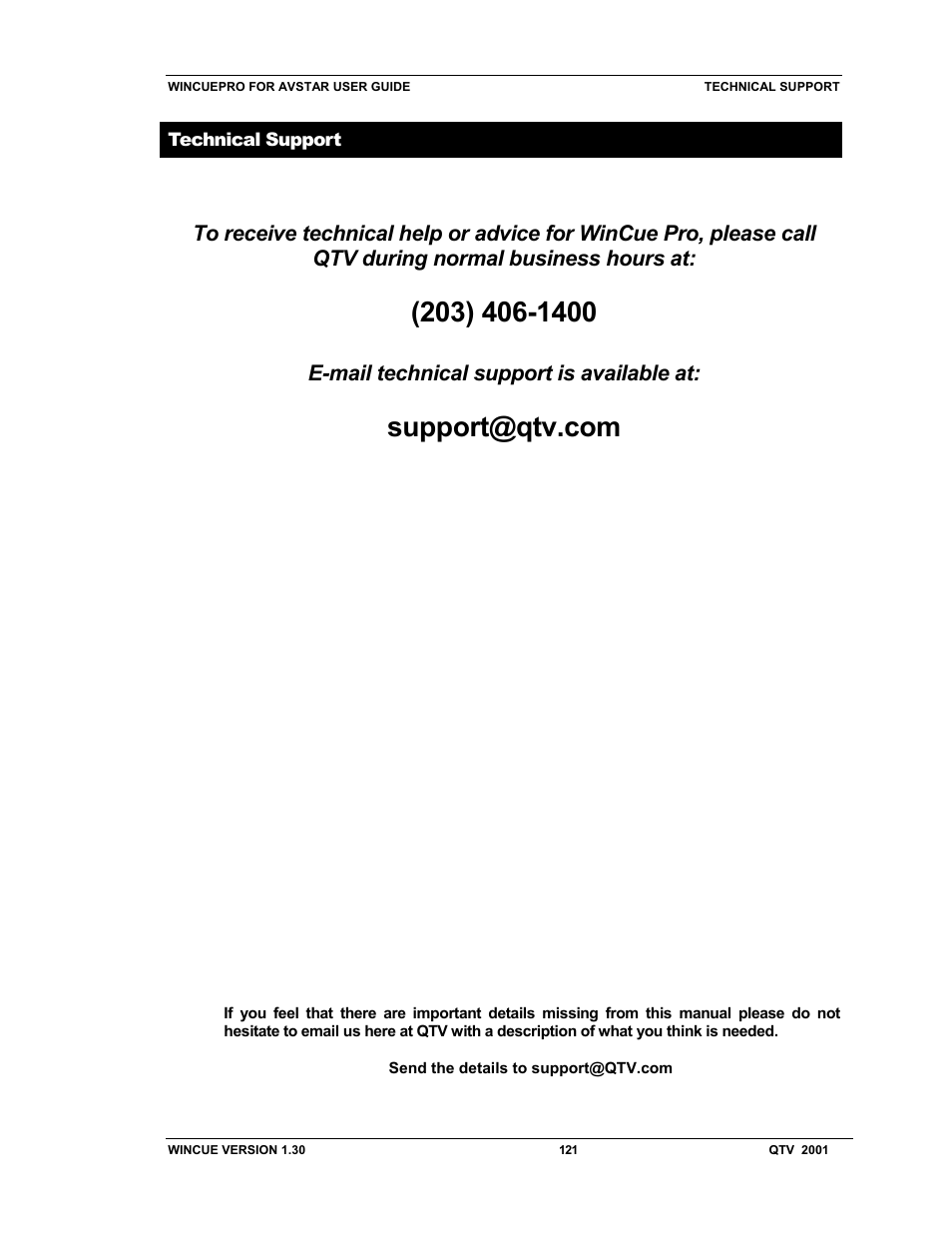 E-mail technical support is available at | Autocue US 10-11-01 WinCuePro News AvStar Interface User Manual | Page 121 / 121