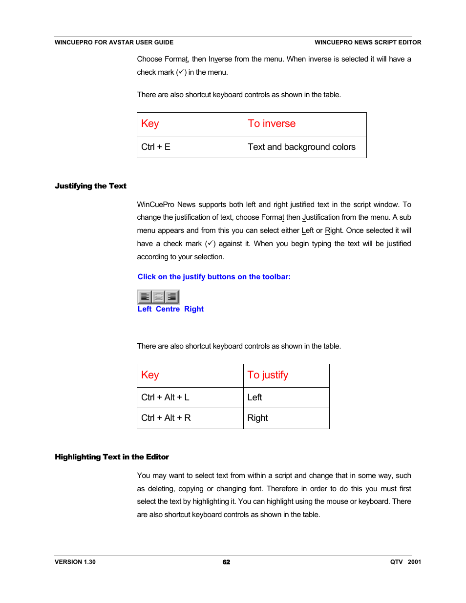 Key to inverse, Key to justify | Autocue US 10-11-01 WinCuePro News AvStar Interface User Manual | Page 62 / 121