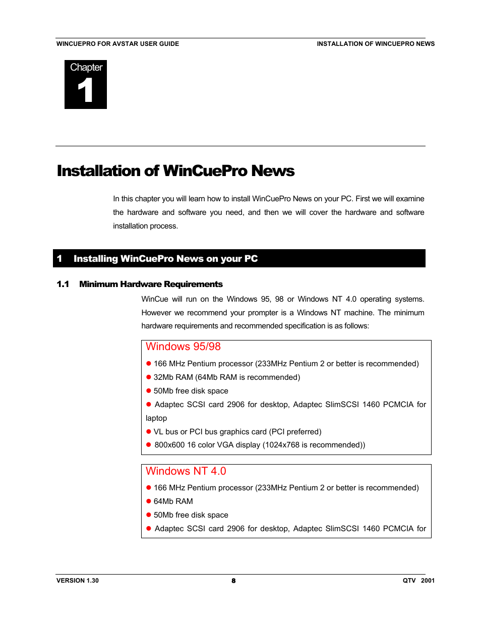 Installation of wincuepro news, Windows 95/98, Windows nt 4.0 | Autocue US 10-11-01 WinCuePro News AvStar Interface User Manual | Page 8 / 121
