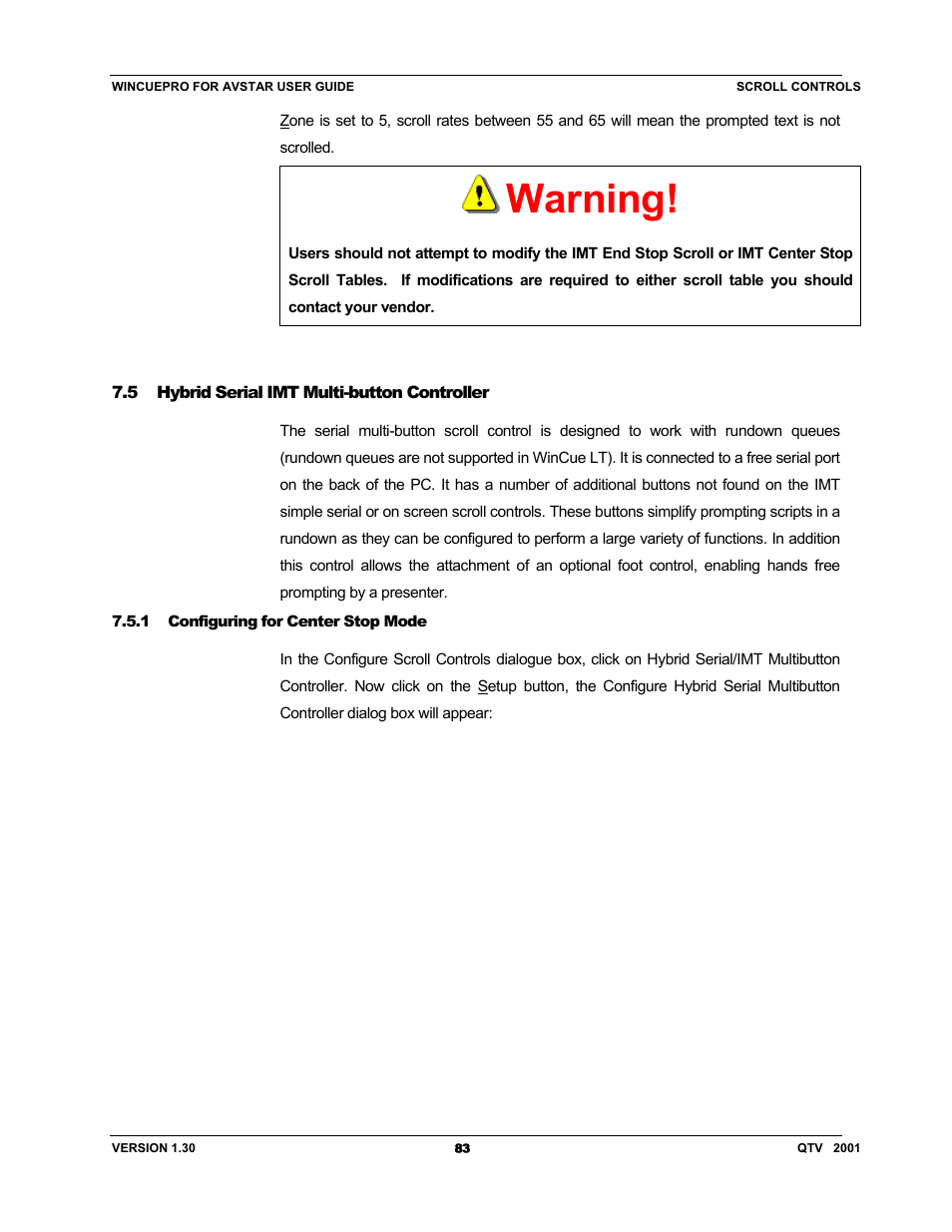 Warning | Autocue US 10-11-01 WinCuePro News AvStar Interface User Manual | Page 83 / 121