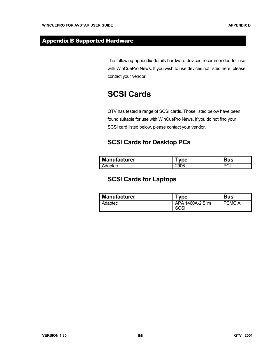 Scsi cards, Scsi cards for desktop pcs, Scsi cards for laptops | Autocue US 10-11-01 WinCuePro News AvStar Interface User Manual | Page 98 / 121
