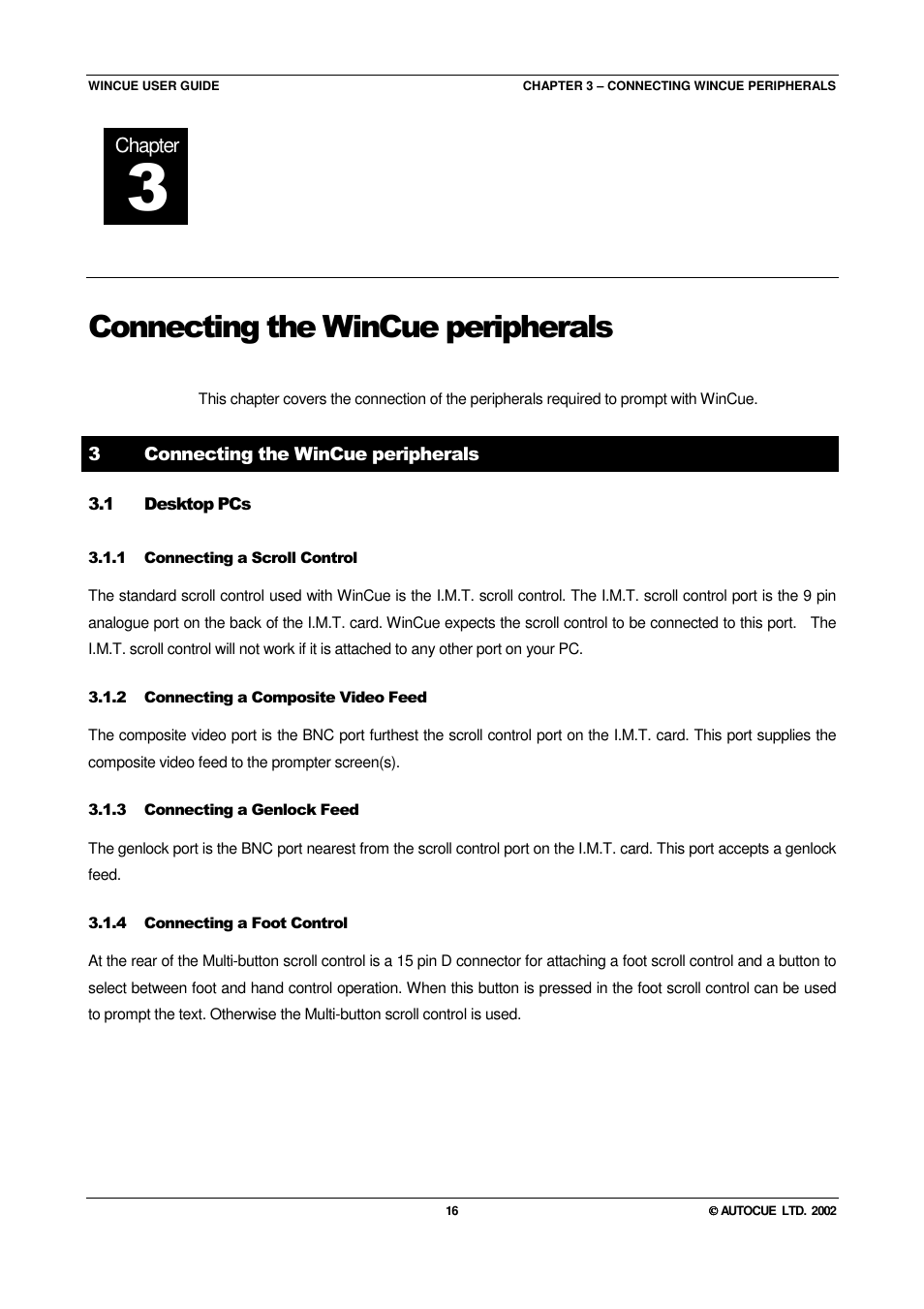 Connecting the wincue peripherals, Chapter | Autocue WINCUE User Manual | Page 16 / 100