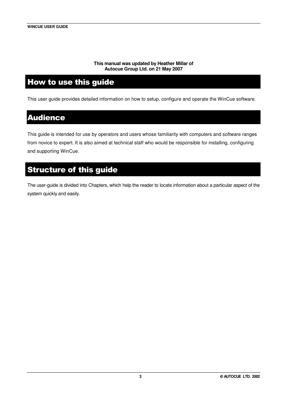 How to use this guide, Audience, Structure of this guide | Autocue WINCUE User Manual | Page 3 / 100