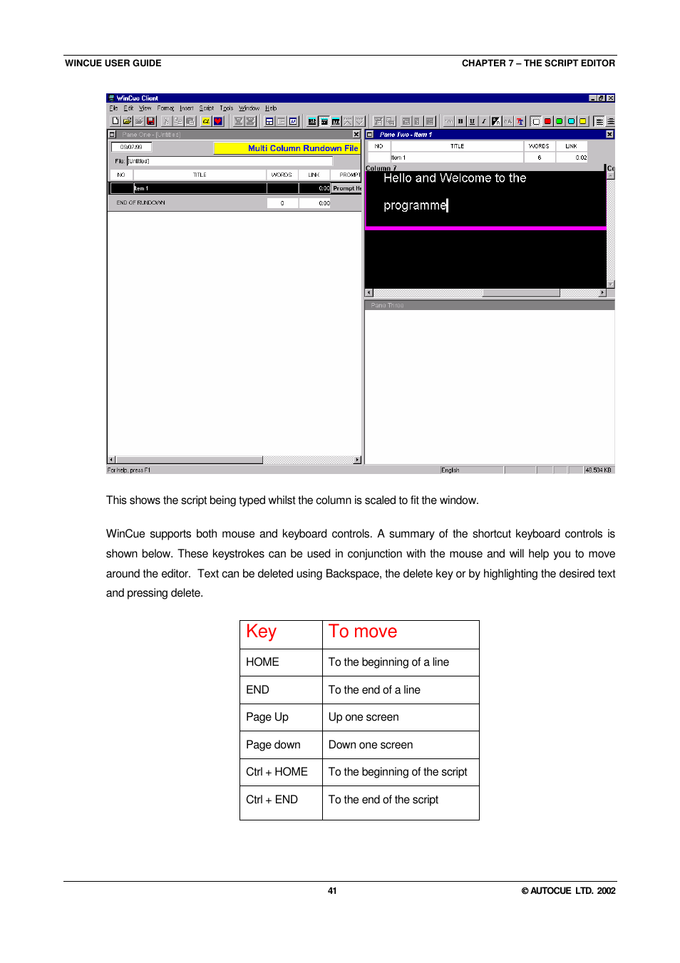 Key to move | Autocue WINCUE User Manual | Page 41 / 100