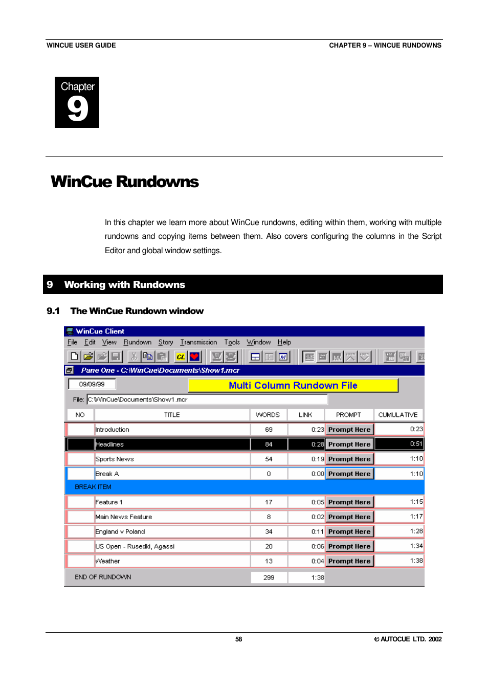 Wincue rundowns | Autocue WINCUE User Manual | Page 58 / 100