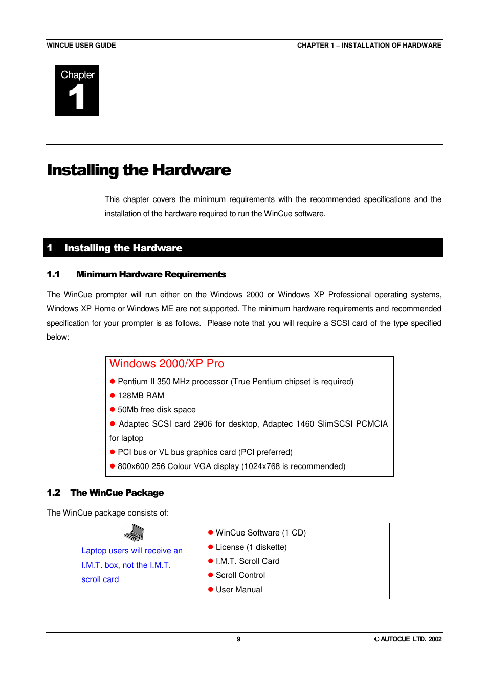 Installing the hardware, Windows 2000/xp pro, Chapter | Autocue WINCUE User Manual | Page 9 / 100