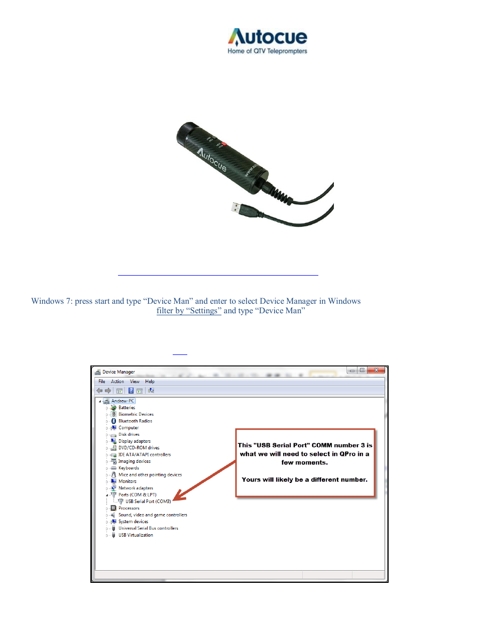 Autocue USB Controller For Use With QPro User Manual | 2 pages