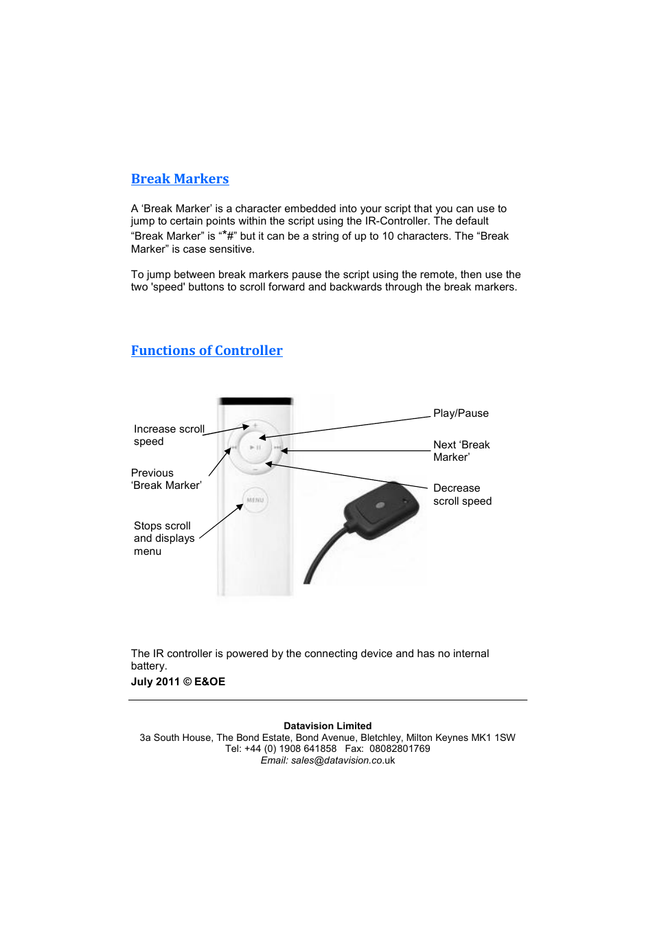 Functions of controller break markers | Autocue IR-Controller User Manual | Page 4 / 4