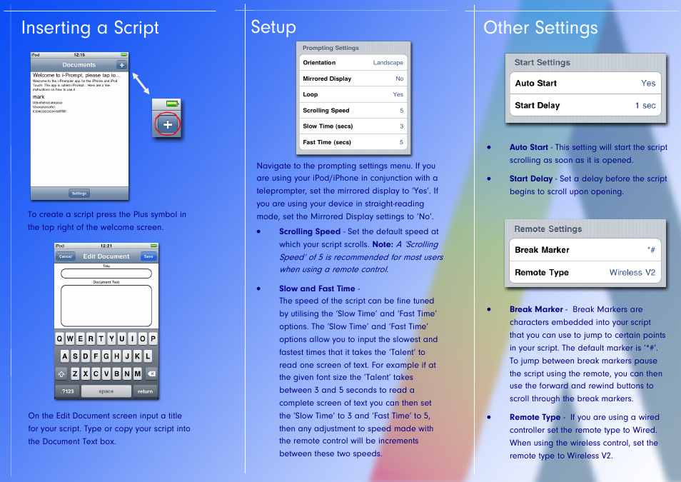 Inserting a script, Setup, Other settings | Autocue iPrompt Controls User Manual | Page 2 / 2