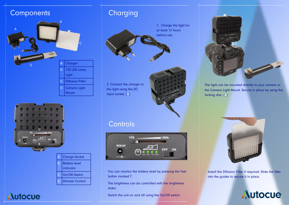 Components, Charging, Controls | Autocue OCLED Light User Manual | Page 2 / 2