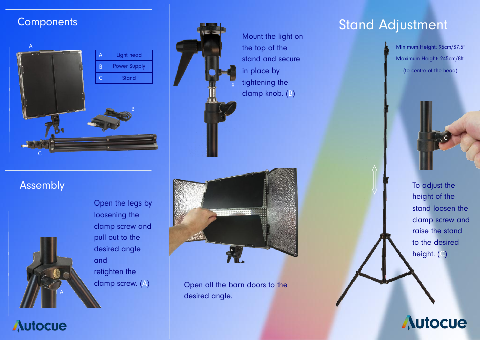 Stand adjustment, Components assembly | Autocue LED Lighting User Manual | Page 2 / 2