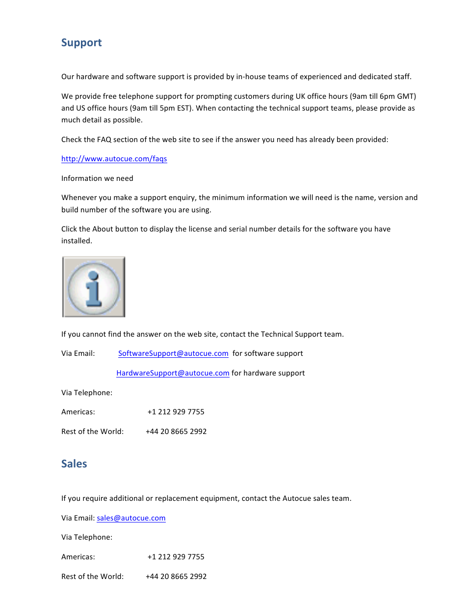 Support, Sales | Autocue QStart Teleprompting User Manual | Page 31 / 32