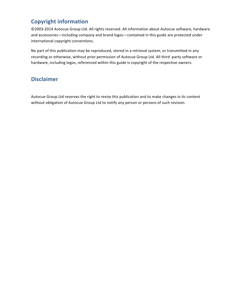 Copyright information, Disclaimer | Autocue QStart Teleprompting User Manual | Page 32 / 32