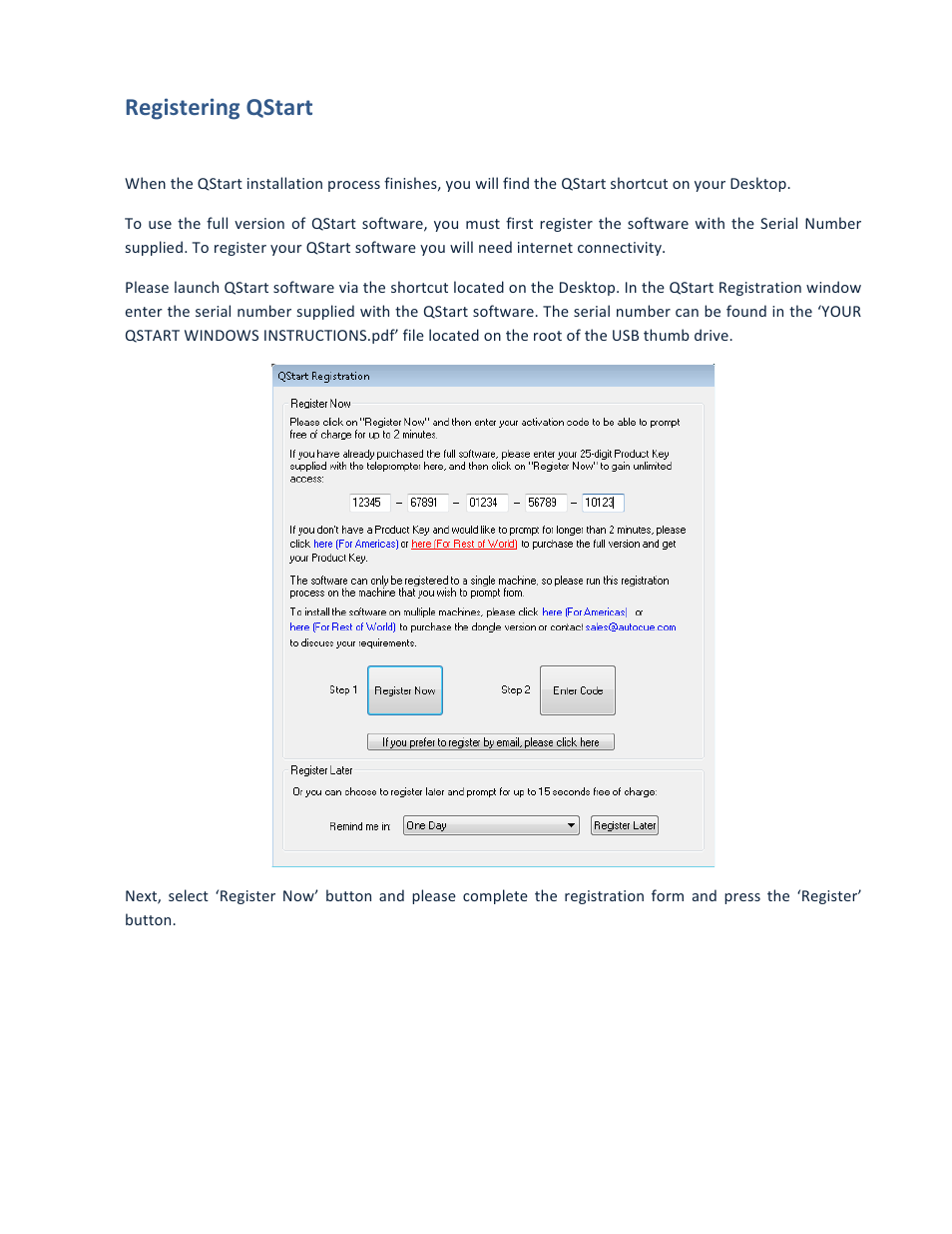 Registering qstart | Autocue QStart Teleprompting User Manual | Page 5 / 32