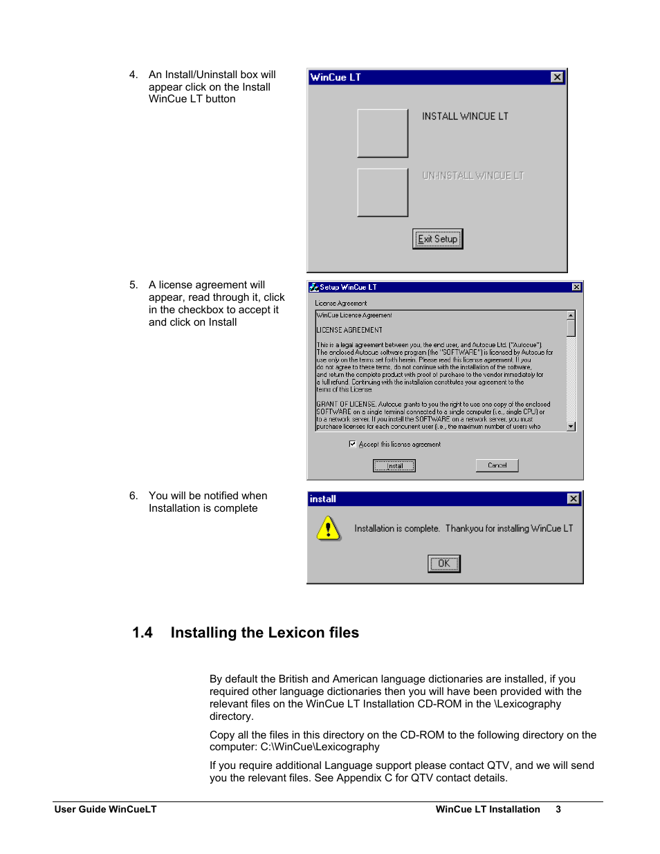 4 installing the lexicon files | Autocue WinCueLT User Manual | Page 10 / 82