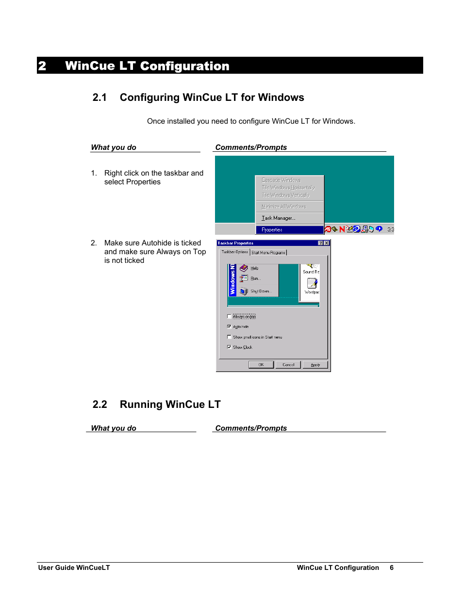 2 wincue lt configuration, 1 configuring wincue lt for windows, 2 running wincue lt | Autocue WinCueLT User Manual | Page 13 / 82