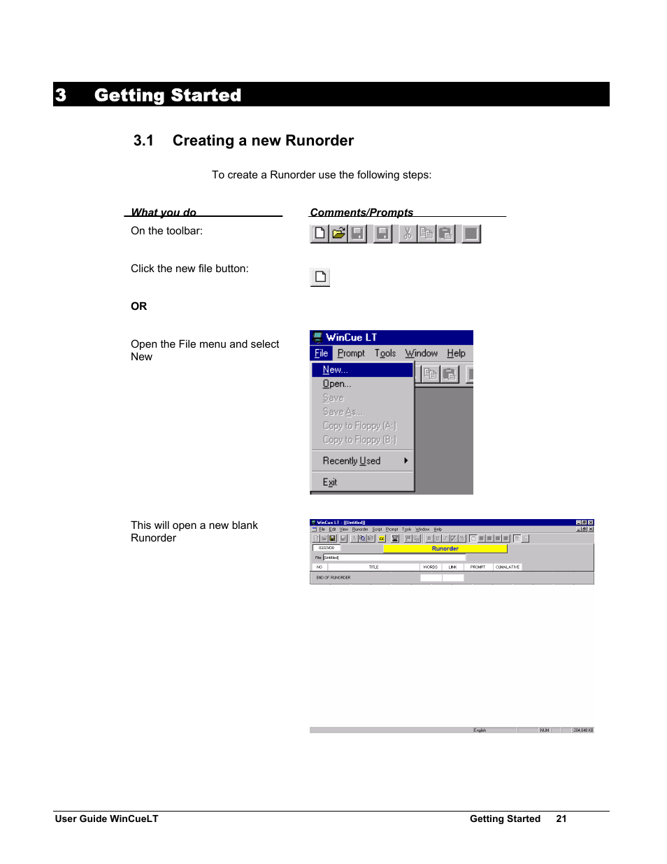 3 getting started, 1 creating a new runorder | Autocue WinCueLT User Manual | Page 28 / 82