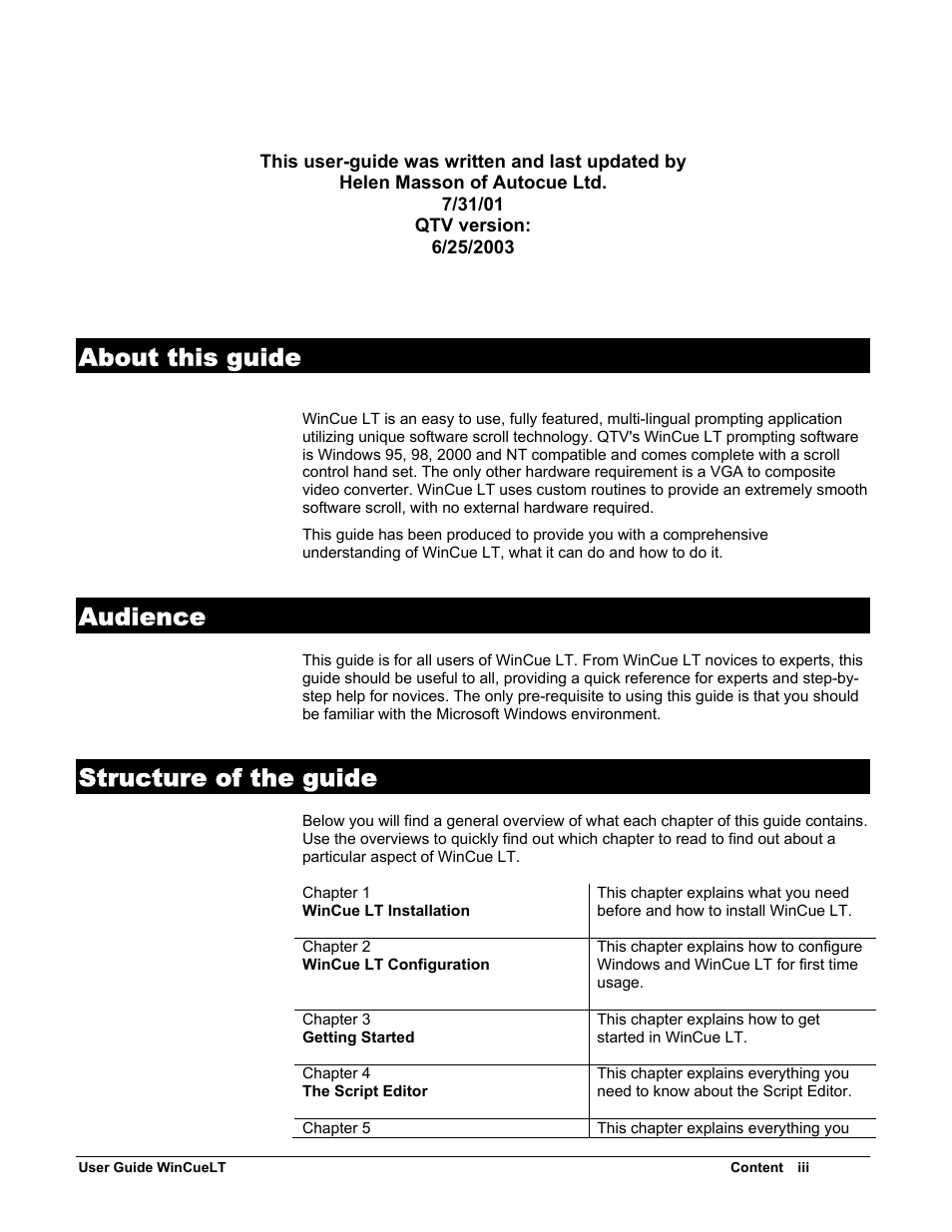 About this guide, Audience, Structure of the guide | Autocue WinCueLT User Manual | Page 3 / 82