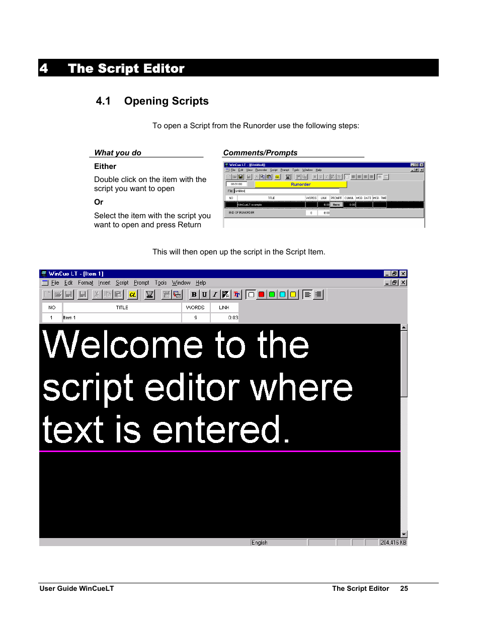 4 the script editor, 1 opening scripts | Autocue WinCueLT User Manual | Page 32 / 82