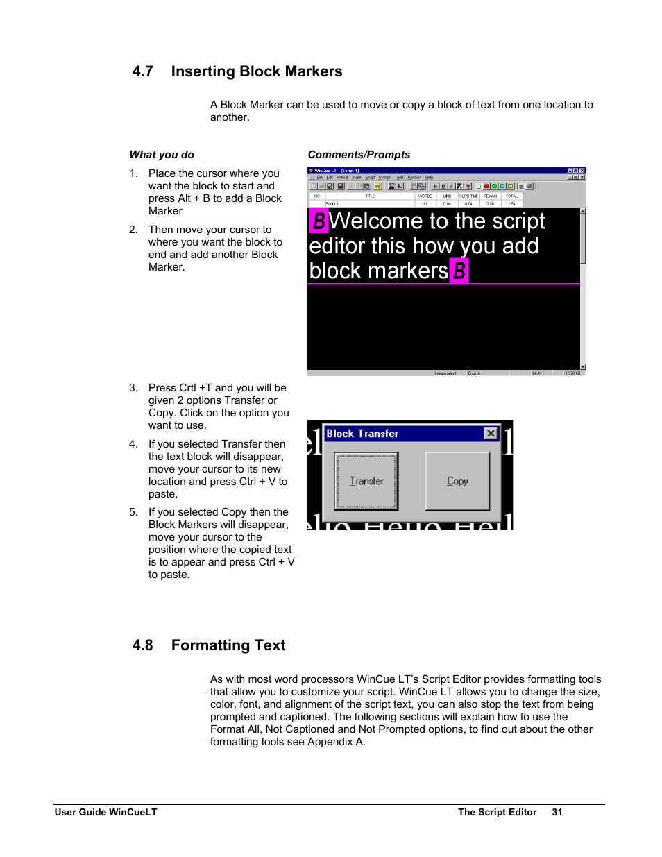 7 inserting block markers, 8 formatting text | Autocue WinCueLT User Manual | Page 38 / 82