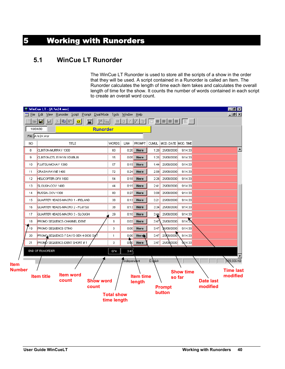 5working with runorders, 1 wincue lt runorder | Autocue WinCueLT User Manual | Page 47 / 82