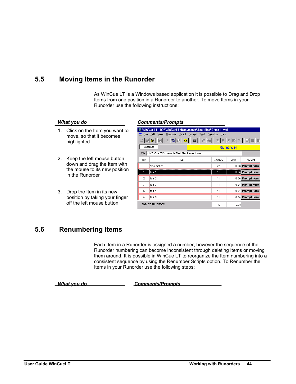 5 moving items in the runorder, 6 renumbering items | Autocue WinCueLT User Manual | Page 51 / 82