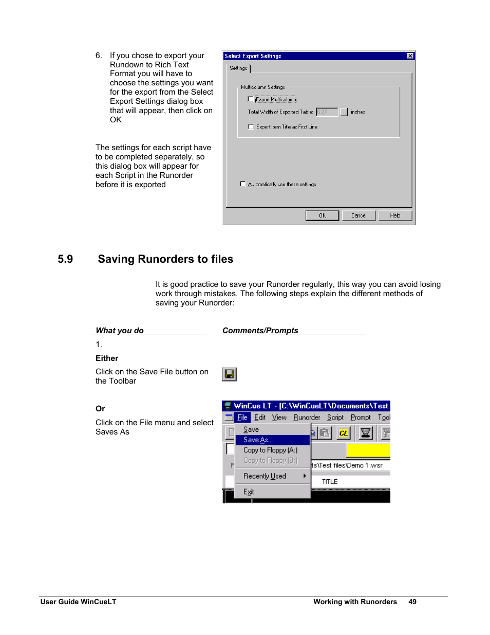 9 saving runorders to files | Autocue WinCueLT User Manual | Page 56 / 82