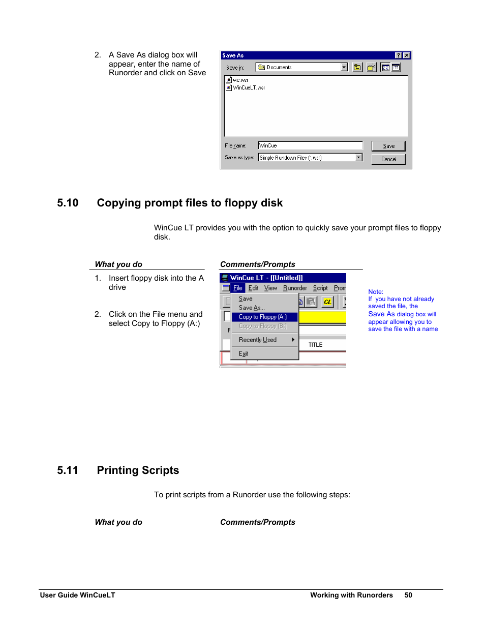 10 copying prompt files to floppy disk, 11 printing scripts | Autocue WinCueLT User Manual | Page 57 / 82